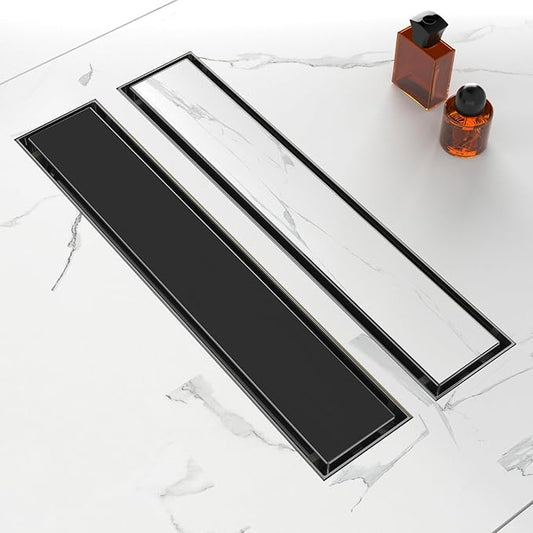 18-Inch Linear Shower Drain with Tile Insert Grate, SUS 304 Stainless Steel Linear Drain, Matte Black Long Rectangle Shower Floor Drain with Leveling Feet, Hair Strainer, Fits Bathroom