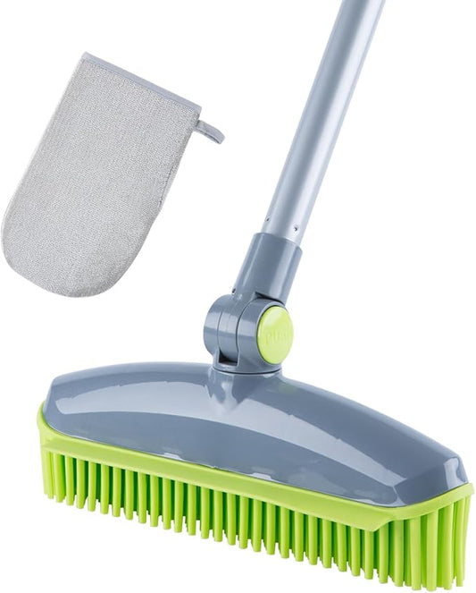 Rubber Broom Carpet Rake for Pet Hair Remover, Fur Remover Broom with Squeegee, Portable Detailing Lint Remover Brush, Pet Hair Removal Tool for Fluff Carpet, Hardwood Floor, Tile, Window (grey&green)