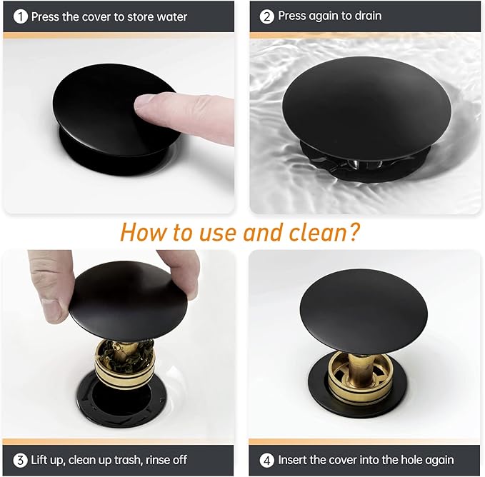 Matte Black Pop Up Bathroom Sink Drain with Overflow - Fits 1-5/8" to 2" Holes, 304 Stainless Steel for Vanity/Vessel Sink