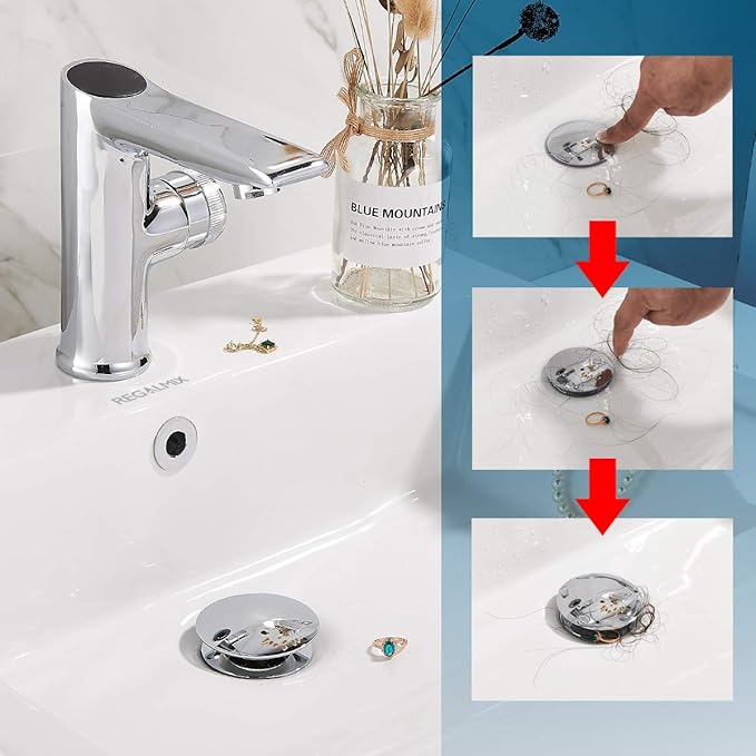 Bathroom Sink Drain with Detachable Hair Catcher Basket, Pop Up Drain Stopper with Overflow Anti-Clogging Vanity Vessel Sink Drain, Polished Chrome 2 Pack All Metal, RM083H-P2