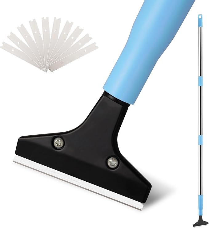 Silver Floor Scraper with 10 Replacement Blades - 4" Razor Blade, Stainless Steel Adjustable Long Handle (37" to 51"), Heavy-Duty Scraper Tool for Cleaning Stove Tops, Glass, Tiles, Walls & Labels