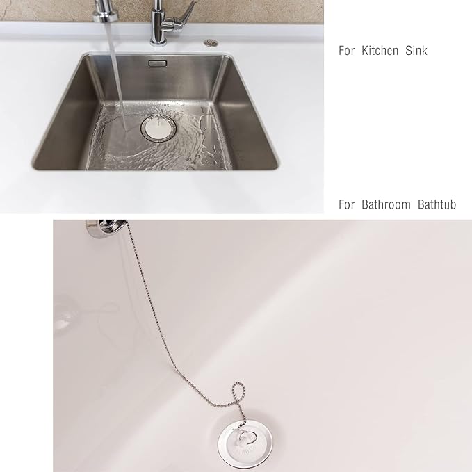 2 Packs Tub Stopper, Rubber Bathtub Stoppers Drain Plug with 15" Stainless Steel Beaded Chain, Premium Bathroom Plug Fit for 1" to 1-3/8" Kitchen Sink, Bathroom Bath tub, Drain Stopper, White