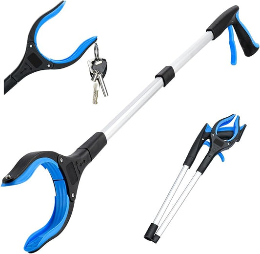 Grabber Reacher Tool,32 Inch Extra Long Foldable Pick Up Stick with Strong Grip Magnetic,360°Rotating Anti-Slip Jaw,Trash Claw Grabber Tool,Trash Picker Tool for Outdoor & Indoor (Blue2)