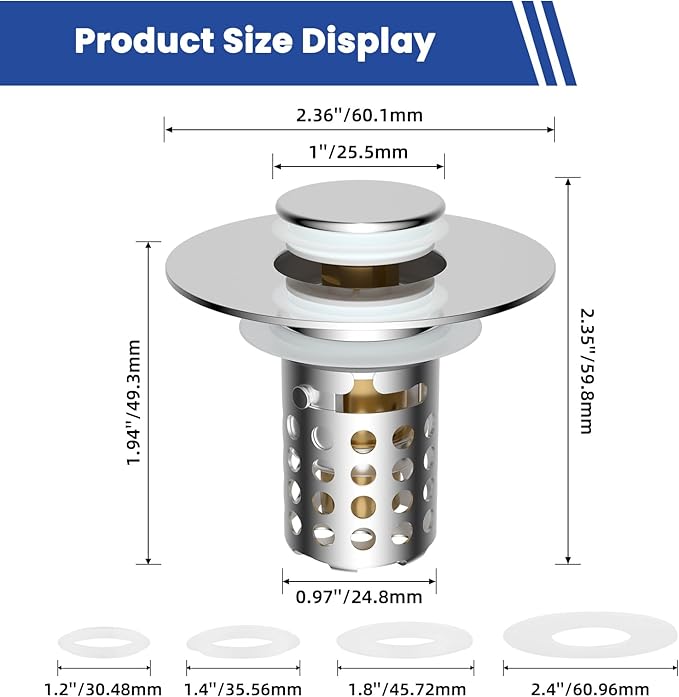 Universal Bathroom Sink Drain Strainer Hair Catcher Upgraded with Removable Stainless Steel Filter Basket, 3 in 1 Pop Up Sink Stopper for 1.1''~2.36'' Sink Basin Hole, Chrome