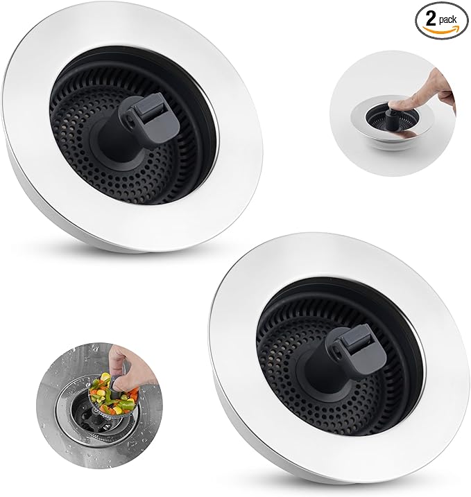 Hibbent 2 Pack 3 in 1 Kitchen Sink Drain Strainer, Stainless Steel Wrapped Shell Drain Stopper Combo, Pop Up Sink Stopper, Anti-Clogging Strainer with Foldable Handle for US Standard 3-1/2" Drain