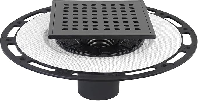 Square Shower Drain, 6-Inch Matte Black Kit with Bonding Flange, Removable Stainless Steel Grate & Hair Strainer, Fits 2" & 3" Pipes for Tiled Floors