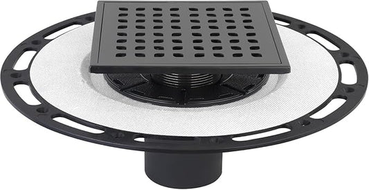 Square Shower Drain, 6-Inch Matte Black Kit with Bonding Flange, Removable Stainless Steel Grate & Hair Strainer, Fits 2" & 3" Pipes for Tiled Floors