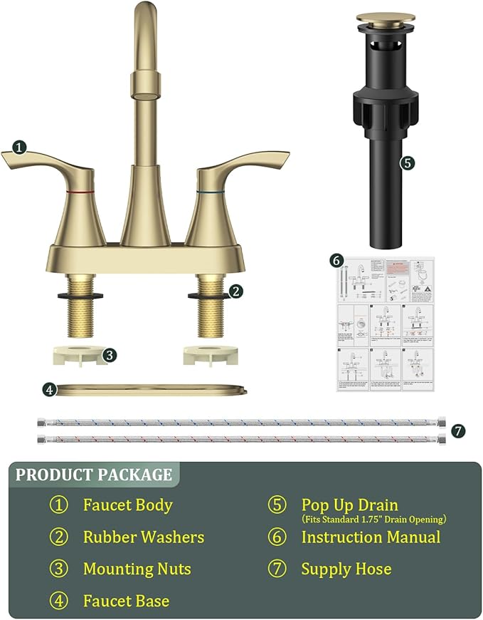 Brushed Gold Bathroom Faucet 2 or 3 Hole, 4 Inch Stainless Steel Bathroom Sink Faucet, 2 Handle Centerset Faucet for Bathroom Sink Vanity, with Pop Up Drain and 2 Supply Hoses
