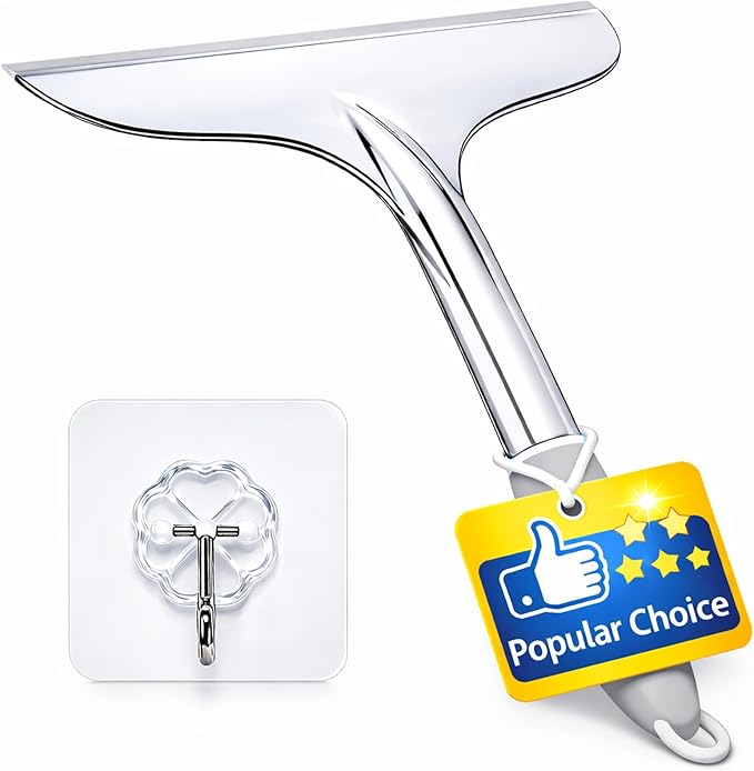 Shower Squeegee for Glass Shower Doors Bathroom Tile Mirror – Streak-Free Silent Window Cleaner with Non-Slip Handle and Adhesive Hook for Car and Home Cleaning