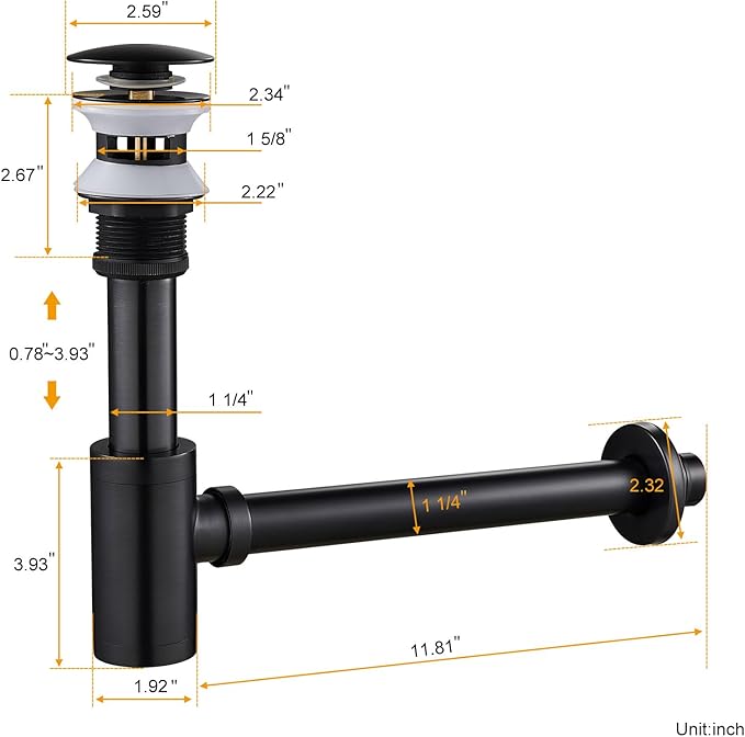 Bathroom Basin Sink Waste P-Trap Drain Kit, Adjustable Bottle Trap with Pop Up Drain Stopper with Overflow, Oil Rubbed Bronze