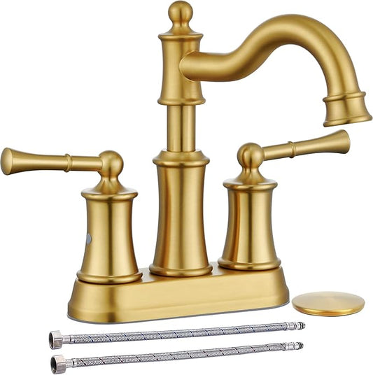 Roman Bathroom Sink Faucet Deck Mount or Wall Mount Installation Pop-up Drain Assembly with Overflow Deck Plate and Water Supply Lines Included (2 Hole Deck Mount, Brushed Gold)