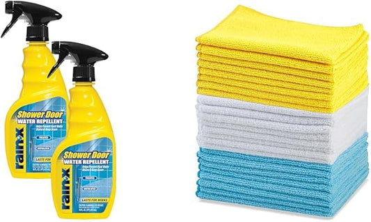 Rain-X 630542 Water Repellent 16 Fl. Oz. (Pack of 2) with Amazon Basics Microfiber Cleaning Cloths, 16" x 12" (24-Pack) - Glass Shower Door Protection Bundle