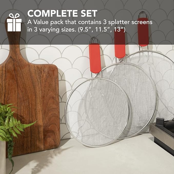 Alpha Living 60134ST Set of 3 Splatter Screens – 13", 11.5", and 9.5" Stainless Steel Fine Mesh, Comfort Grip Handles – Grease & Oil Guard for Frying Pans, Boiling Pots, Safe Cooking Lid Set of 3