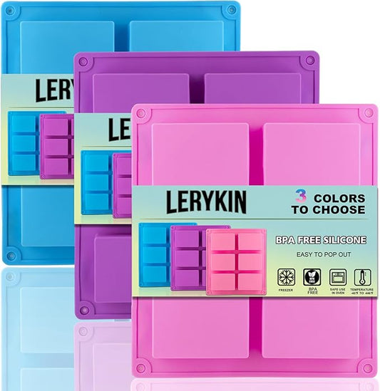 3 Pack Silicone Soap Molds, 6 Cavities Rectangle Silicone Mold, Great for Homemade Craft Soap Mold, Chocolate, Cake Molds ＆ Ice Cube Tray - Just Pop Out（Pink & Blue & Purple）