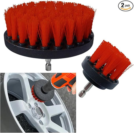 2PCS Car Detailing Drill Brush Set, 2" & 4" Power Carpet Scrubber, Nylon Bristle Wheel Cleaner Brush with Drill Attachment, Car Wash Cleaning Kit for Floor Mats, Bathroom (Red)