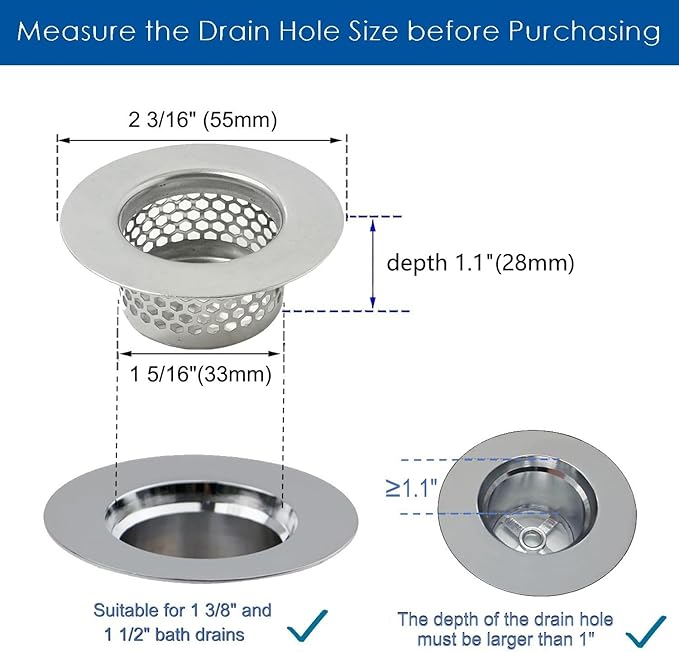 Bathtub Drain Strainer, Bathtub Cover Drain Hair Catcher Fits Standard 1.35"-1.5" Openings and Depth More Than 1.1" for Bathroom Sink and Bathtub(3-Pack)