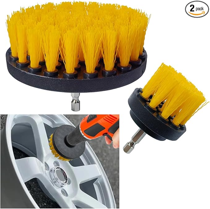 2PCS Car Detailing Drill Brush Set, 2" & 4" Power Carpet Scrubber, Nylon Bristle Wheel Cleaner Brush with Drill Attachment, Car Wash Cleaning Kit for Floor Mats, Bathroom (Yellow)