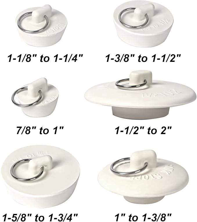 6 Sizes of Sink Stoppers, Bathtub Drain Stopper with Ring Suitable, Rubber Sink Drain for Kitchen, Bathroom and Laundry Sink, Bathtub Accessories
