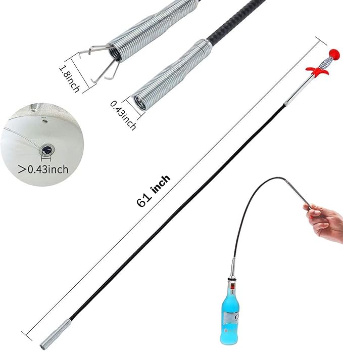 Upgraded Drain Snake 61" with Hook, Plumbing Snake Auger Tool, Sink Snake Drain Clog Remover for Bathroom Sink, Shower, Kitchen, Bathtub, Multi-Size with Grip, Flexible for Tight Spaces Industrial Use