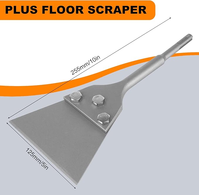 SDS Plus Floor Scraper Kit, 5 Inch x 11 Inch Tile Removal Tool with Spare Blades for Rotary Hammer Drill, Thinset Vinyl Scraper Adhesives Remover