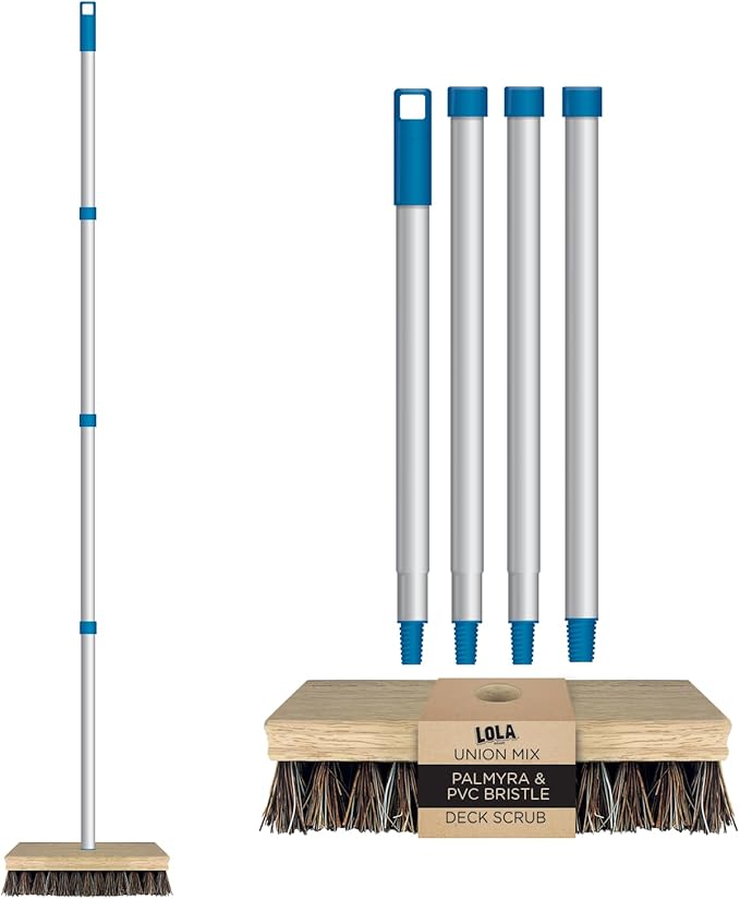 LOLA Heavy-Duty Deck Scrub Brush, 9" x 3.5" Head w/Palmyra & PVC Bristles for Outdoor Cleaning, Removes Dirt & Grime from Patios, Decks, Grout, 1 CT