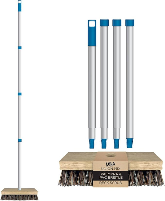 LOLA Heavy-Duty Deck Scrub Brush, 9" x 3.5" Head w/Palmyra & PVC Bristles for Outdoor Cleaning, Removes Dirt & Grime from Patios, Decks, Grout, 1 CT