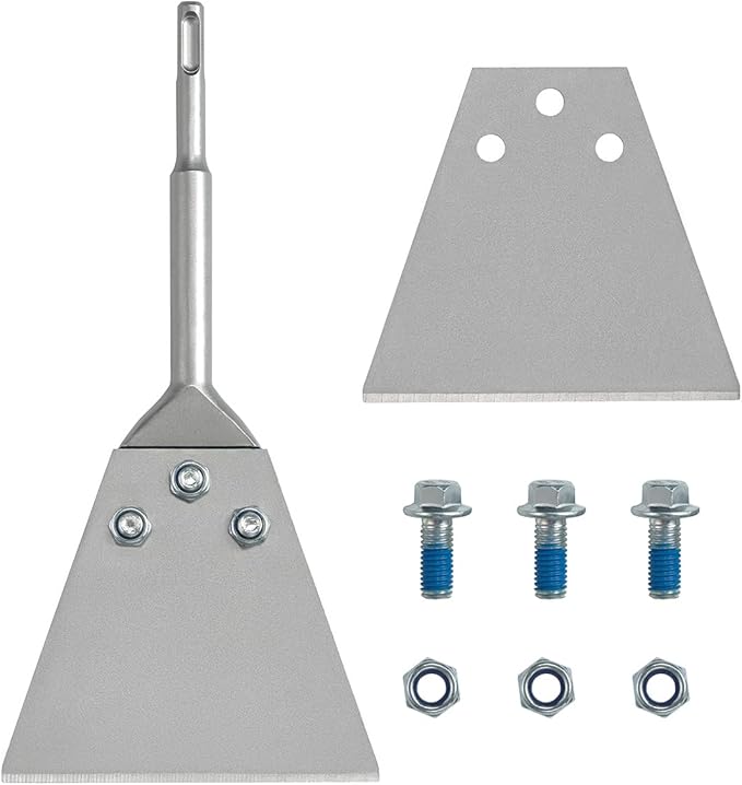 5 Inch Wide SDS-Plus Floor Scraper Tool Kit with Spare Bolts and Locknuts and One Replacement Blade, Tile & Thinset Scaling Chisel Thinset Scraper Adhesives Remover Wall and Floor Scraper