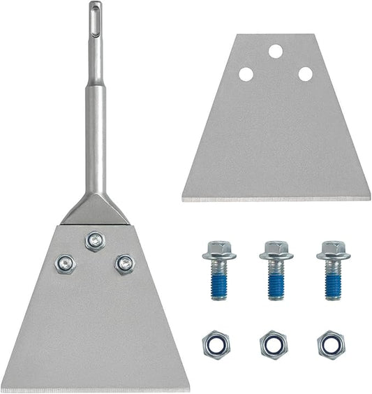 5 Inch Wide SDS-Plus Floor Scraper Tool Kit with Spare Bolts and Locknuts and One Replacement Blade, Tile & Thinset Scaling Chisel Thinset Scraper Adhesives Remover Wall and Floor Scraper