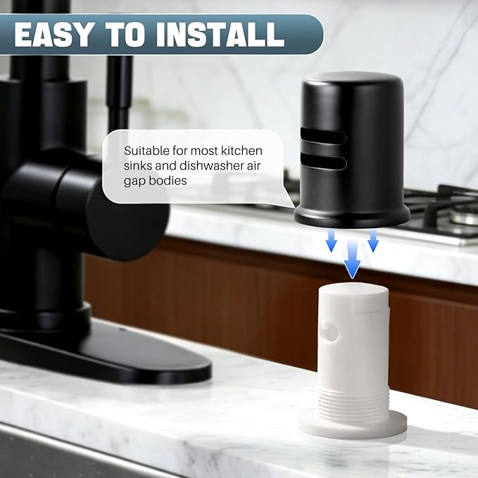 Dishwasher Air Gap Cover for Kitchen, Solid Brass Air Gap Cap with Skirted Design, Dishwasher Overflow Vent Cap Replacement Only, Matte Black