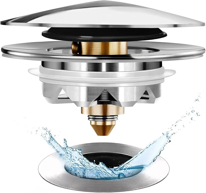 Bathtub Drain Stopper, Pop Up Tub Stopper and Cover, Bottom with Hair Catcher, Universal for 1.45 to 1.8in Drain, Replaces Old Drain Plug, Chrome Silver