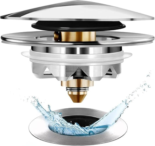 Bathtub Drain Stopper, Pop Up Tub Stopper and Cover, Bottom with Hair Catcher, Universal for 1.45 to 1.8in Drain, Replaces Old Drain Plug, Chrome Silver