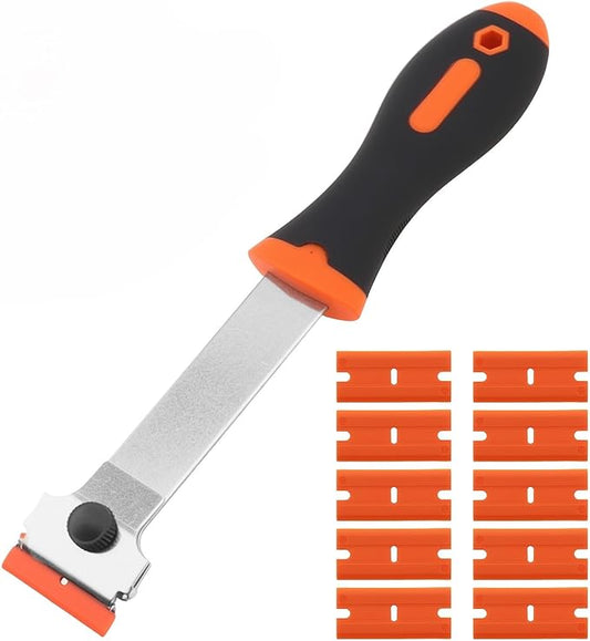 Razor Blade Scraper, Long Handled Scraper with 10 Extra Replacement Blades, Cleaning Scraper for Removing Stickers, Paint, Caulk, Label, Grease from Window, Car Glass, Windshield, Stove