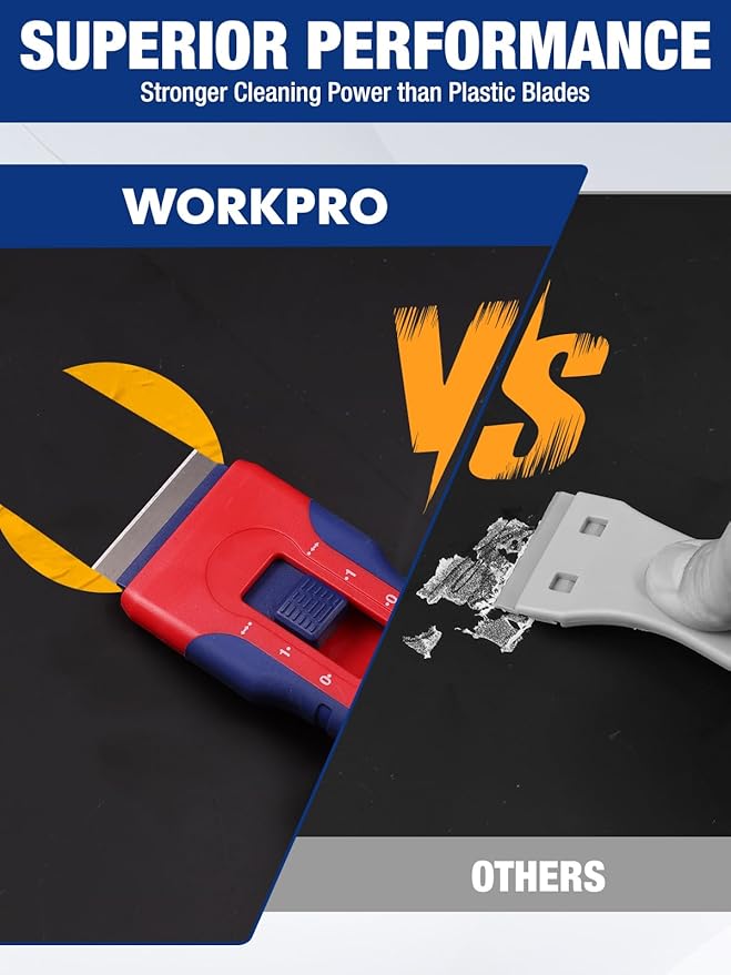 WORKPRO Retractable Razor Blade Scraper with 56 Blades, Built-in Storage Cleaning Scraper Tool for Paint Stickers Adhesive Glass Ceramic Wood