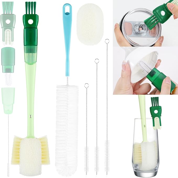 OUTXE 6 Pack Bottle Brush Set, 5-in-1 Water Bottle Cleaner Brush, 14" Long Handle Bottle Cleaning Brush, 3 Straw Brush, Removable Nipple Detail Brush for Cup Lid Gap, with Replecement Sponge