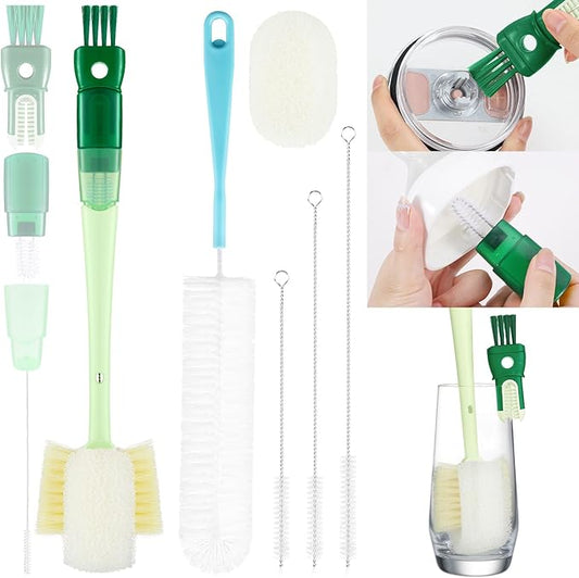 OUTXE 6 Pack Bottle Brush Set, 5-in-1 Water Bottle Cleaner Brush, 14" Long Handle Bottle Cleaning Brush, 3 Straw Brush, Removable Nipple Detail Brush for Cup Lid Gap, with Replecement Sponge