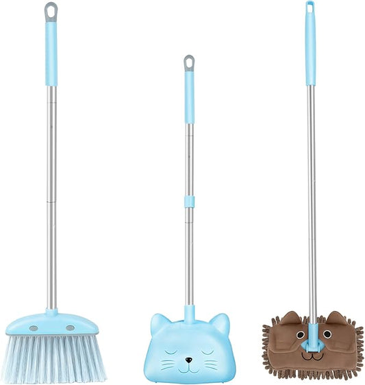 28'' Kids Mini Broom with Dustpan & Mop Set - Toddler Cleaning Toy, Toddler Household Helper, Parent-Child Interactive Play Cleaning Tool, Cute Cartoon Design, Small Safe Corner Broom (Blue Bubble)