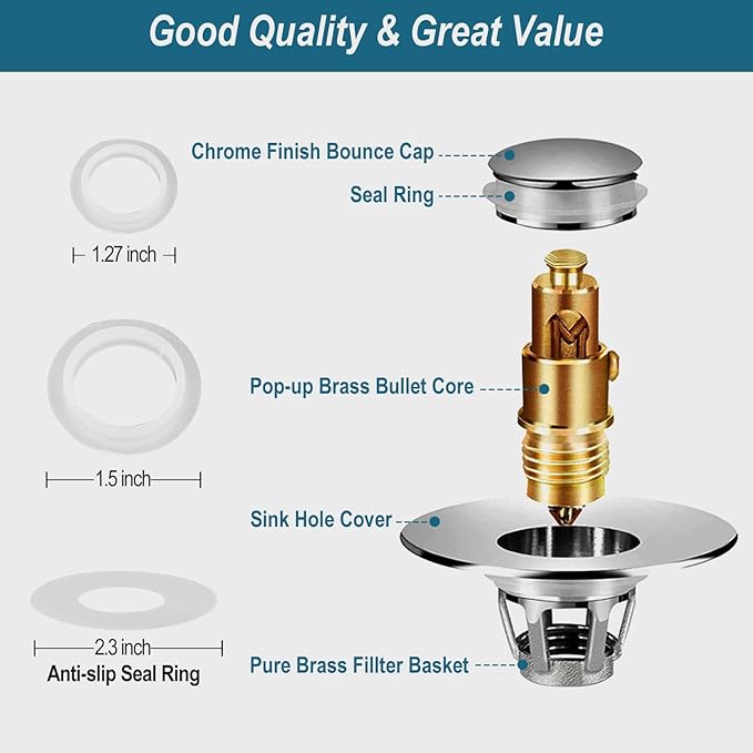 Universal Bathroom Sink Stopper - Upgraded Pop Up Sink Drain Strainer, Fits 1.1-1.5 Inch U.S. Standard Drain Holes - Anti-Clogging Filter with Sink Hair Catcher - Pure Brass Sink Drain Stopper