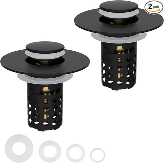Universal Bathroom Sink Drain Strainer Hair Catcher 2PCS Upgraded with Removable Stainless Steel Filter Basket, 3 in 1 Pop Up Sink Stopper for 1.1''~2.36'' Sink Basin Hole, Matte Black