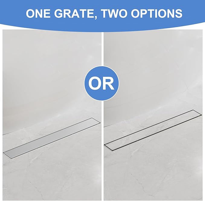 24-Inch Linear Shower Drain with Tile Insert Grate, SUS 304 Stainless Steel Linear Drain, Brushed Nickel Long Rectangle Shower Floor Drain with Leveling Feet, Hair Strainer, Fits Bathroom