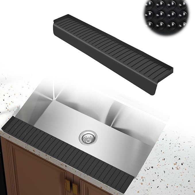 Kitchen Sink Splash Guard, 4 * 24‘’ Sink Edge Protector with Suction Cups, Silicone Faucet Splash Guard & Draining Mat for Kitchen, Bathroom Sink, Steel, Granite, Quartz Countertops (Black)
