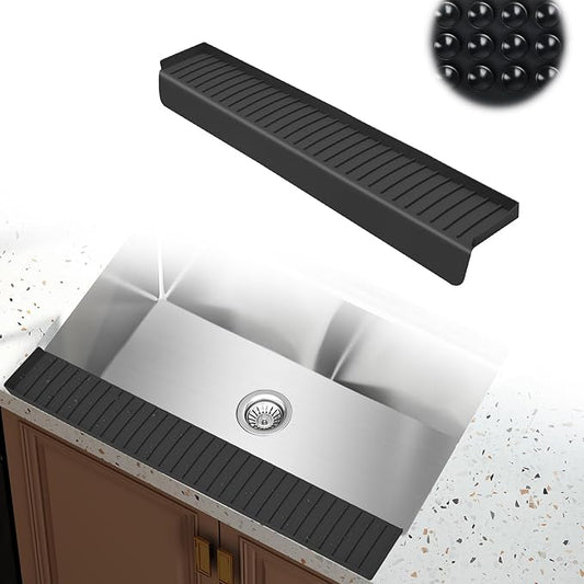 Kitchen Sink Splash Guard, 4 * 24‘’ Sink Edge Protector with Suction Cups, Silicone Faucet Splash Guard & Draining Mat for Kitchen, Bathroom Sink, Steel, Granite, Quartz Countertops (Black)