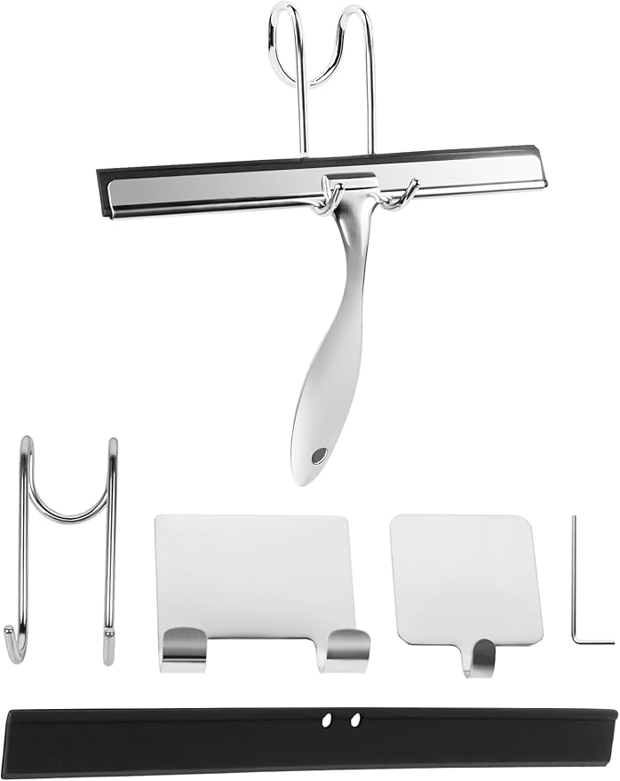 All-Purpose Stainless Steel Shower Squeegee Come with S Hook, 2 Square Sticky Hook 2 Rubber Strips Shower Squeegee for Glass Doors, Windows, Mirrors, Tiles and Car Glass -14 Inches Silver