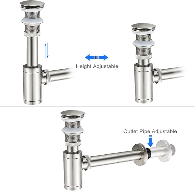 MENATT Solid Brass Bathroom Sink Stopper P-Trap Complete Set, Adjustable Bathroom Bottle Trap Sink Drain Kit and Pop Up Drain Without Overflow, Brushed Nickel