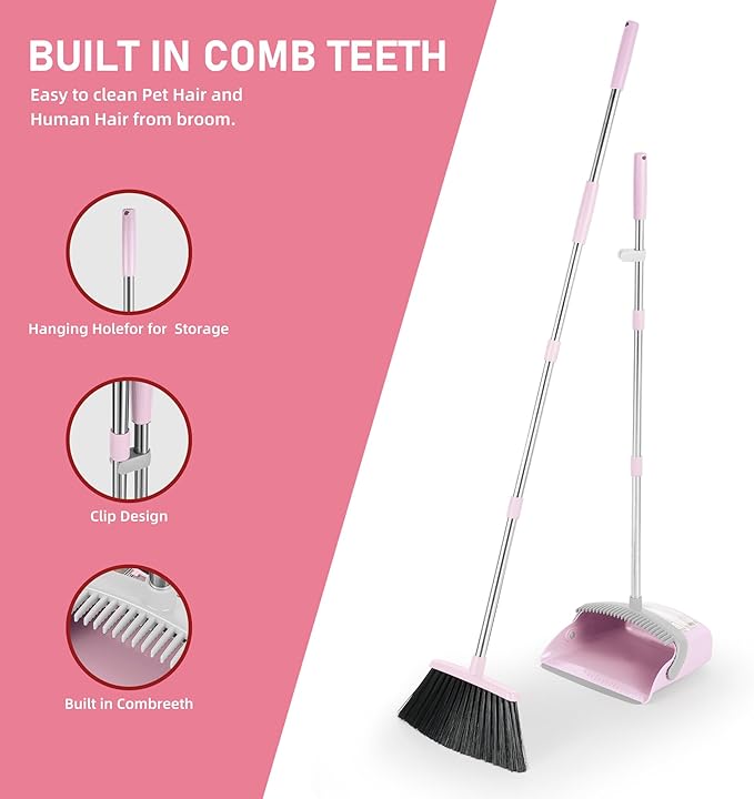 BSKLIN Broom and Dustpan Set, 54” Long Adjustable Household Hand Broom with Dustpan Teeth to Clean Hair Broom with Dustpan Set Heavy Duty to Clean Hair for Home Lobby Office (Pink)