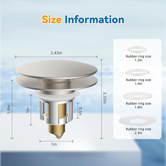 Universal Bathroom Sink Stopper, Metal Pop Up Sink Drain Strainer with Hair Catcher Basket, Fit 1.1"-2.36" US Basin, Wash Basin Drain Plug, Big/Small Cover Cap, Brass Bounce Core, Brushed Nickel
