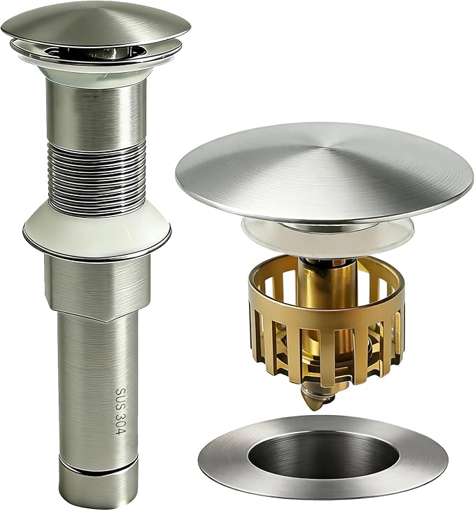 Bathroom Sink Drain, Without Overflow, Pop up Sink Drain Stopper with Strainer Plug for Vessel Sink Lavatory Vanity, SUS 304 Stainless Steel, Brushed Nickel