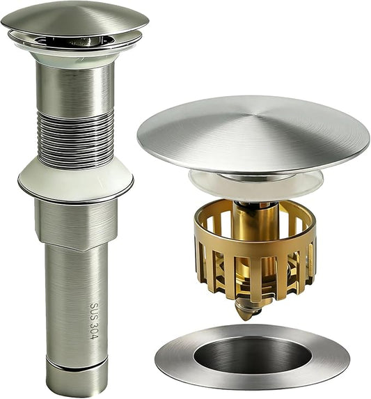 Bathroom Sink Drain, Without Overflow, Pop up Sink Drain Stopper with Strainer Plug for Vessel Sink Lavatory Vanity, SUS 304 Stainless Steel, Brushed Nickel