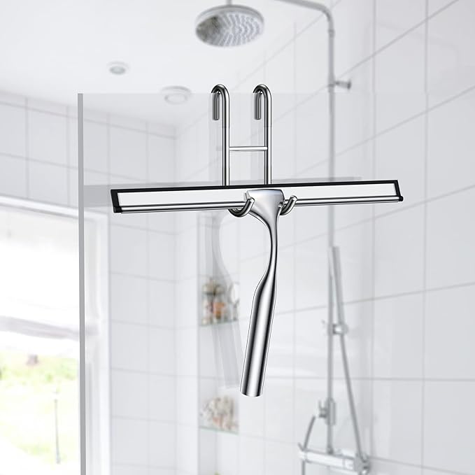 14-Inches Stainless Steel Shower Squeegee Set, Include Shower Door Hook, Adhesive Hook and Spare Silicone Blade, Window Squeegee for Shower Glass Door, Bathroom, Mirror, Window and Car Glass