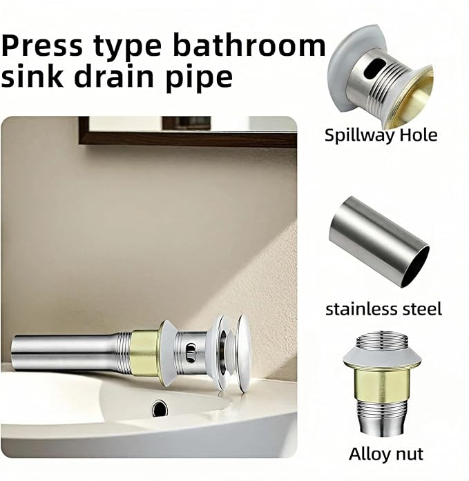 Pop-Up Sink Drain for No Overflow Basin, Stainless Steel, Hair Catcher Filter, 7.09 inch Length, Brushed Nickel (with Holes)