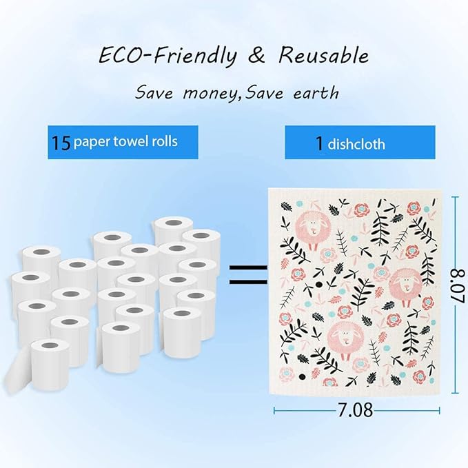 Swedish Dishcloth Reusable Kitchen Dish Towels Absorben and Fast Dry Cleaning Cloths Set of 4 No Odor Wipes (Sheep)